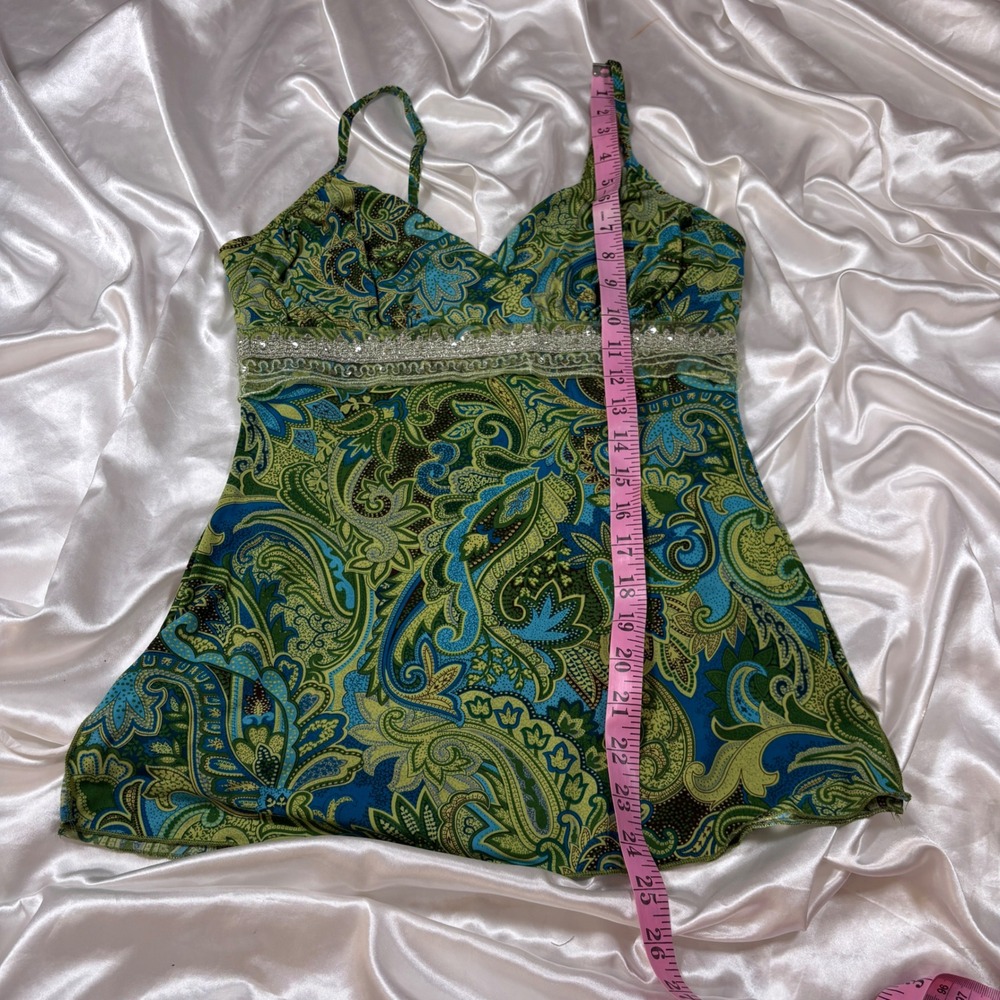 y2k Cami Top Green Excellent Paisley Sequin Empire Waist Perseption Tank - Picture 7 of 7